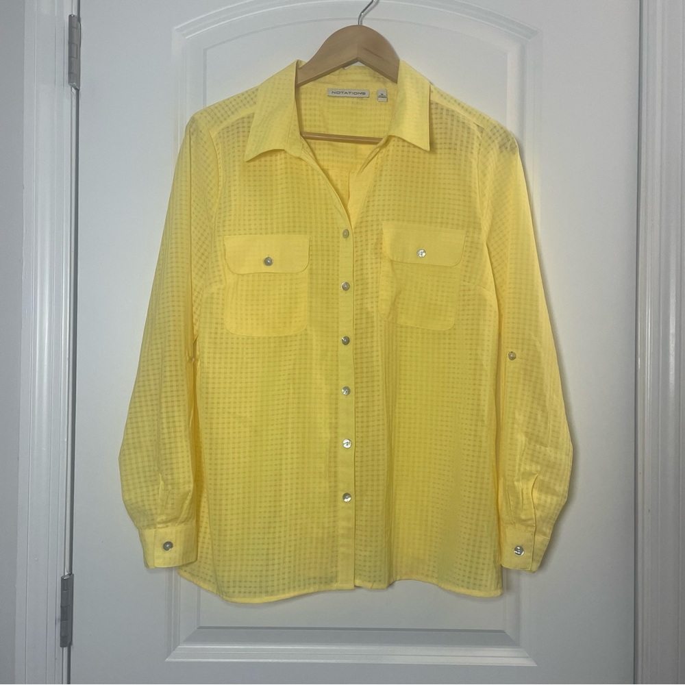 Notations Yellow Button Down Blouse Size M Sheer Lightweight Roll Tab Sleeves